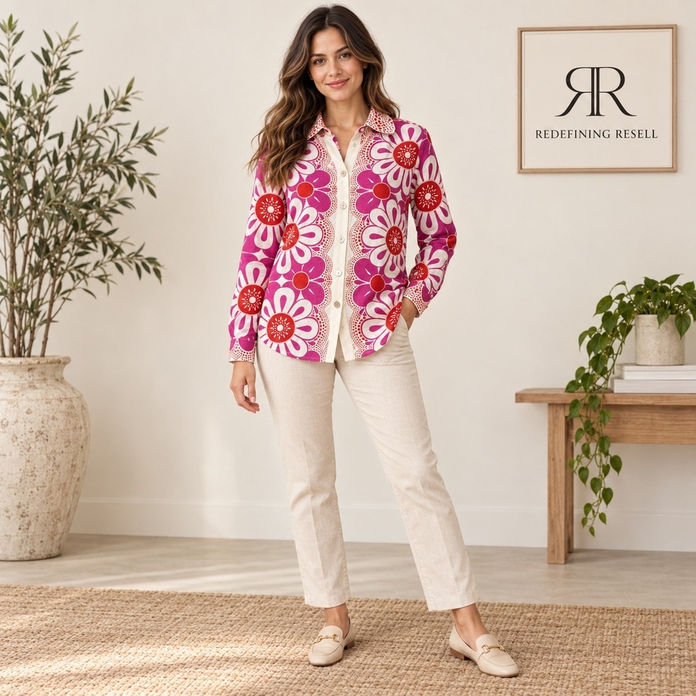 Farm Rio Pink Red Giant Daisy Floral Linen Blend Button Down Shirt Small